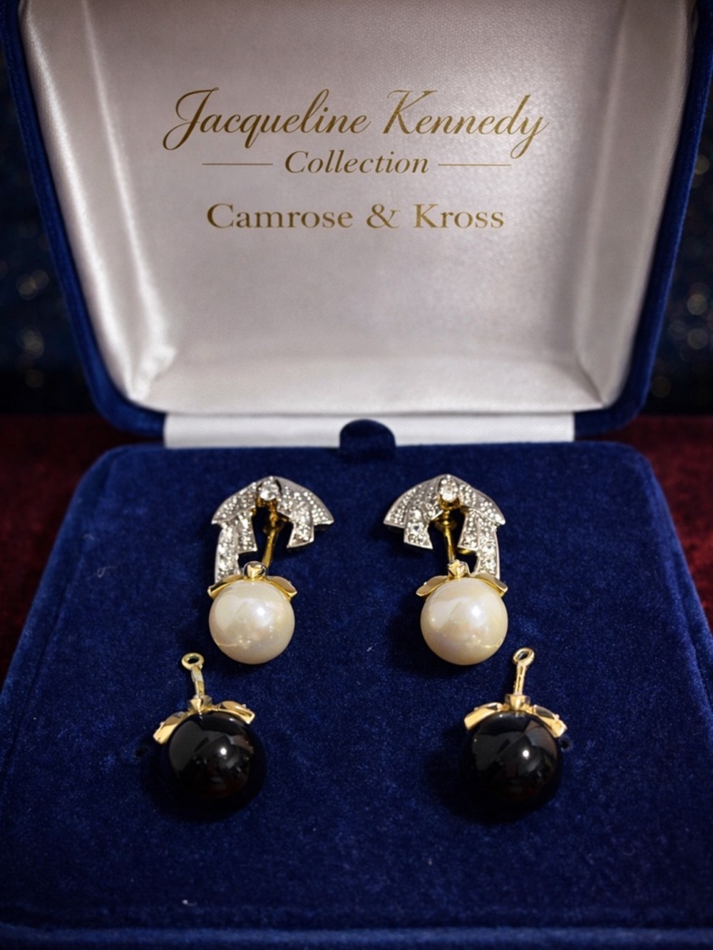 Jackie Kennedy Camrose & Kross Convertible Pearl Earrings Black & White w/ Box
